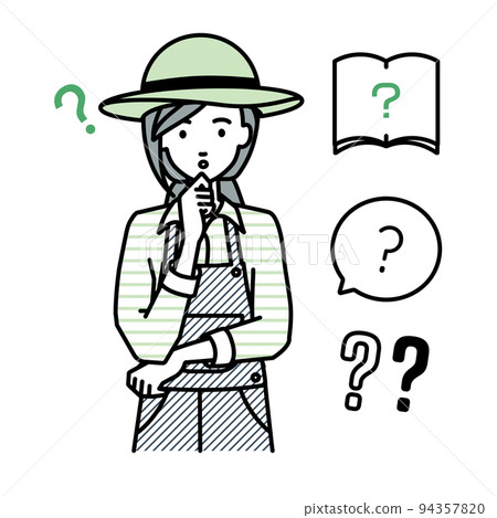 A farmer woman standing and feeling doubts with her hands on her chin Set of question marks 94357820