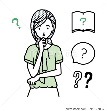 一組辦公室休閒女性問號站著,雙手放在下巴上感到懷疑 一組辦公室休閒女性問號站著,雙手放在下巴上感到懷疑 94357837