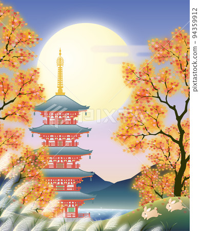 Autumn leaves, maple, full moon, five-storied pagoda, rabbit 94359912