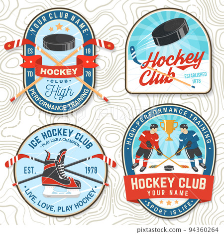Ice Hockey club logo, badge embroidered patch. Concept for shirt or logo, print, stamp or tee. Winter sport. Vintage typography design with player, sticker, puck and skates silhouette. Vector. Ice Hockey club logo, badge embroidered patch. Concept for shirt or logo, print, stamp or tee. Winter sport. Vintage typography design with player, sticker, puck and skates silhouette. Vector. 94360264