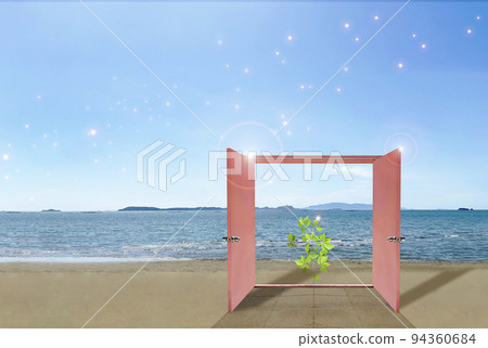 海灘上一扇粉紅色的隨處門 94360684
