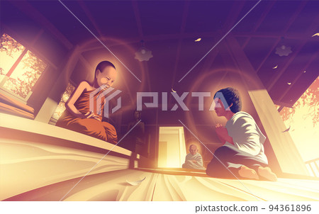 a holy novice is preaching dharma with a holy little nun in a sermon hall. 94361896