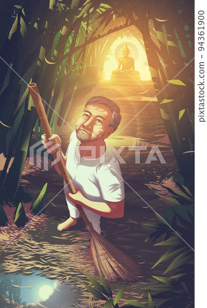 male practitioner is sweeping leaves at the path for meditation and feeling overwhelmed with tears caused by got enlightenment to be an arahant male practitioner is sweeping leaves at the path for meditation and feeling overwhelmed with tears caused by got enlightenment to be an arahant 94361900