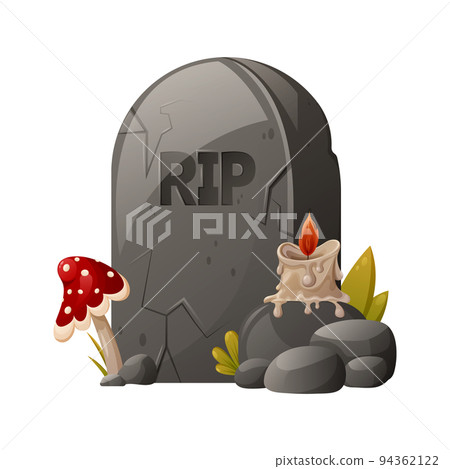 A tombstone with the inscription RIP, a fly agaric and a burning candle. The memory of the dead. A tombstone with the inscription RIP, a fly agaric and a burning candle. The memory of the dead. 94362122
