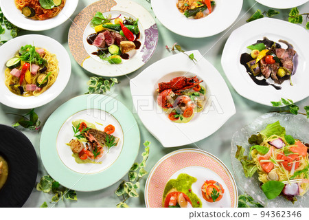 Colorful French cuisine seen from directly above Colorful French cuisine seen from directly above 94362346
