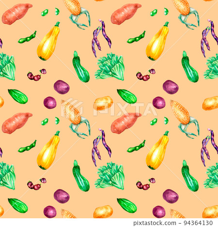 Variety of colorful vegetables watercolor seamless pattern on beige. Variety of colorful vegetables watercolor seamless pattern on beige. 94364130