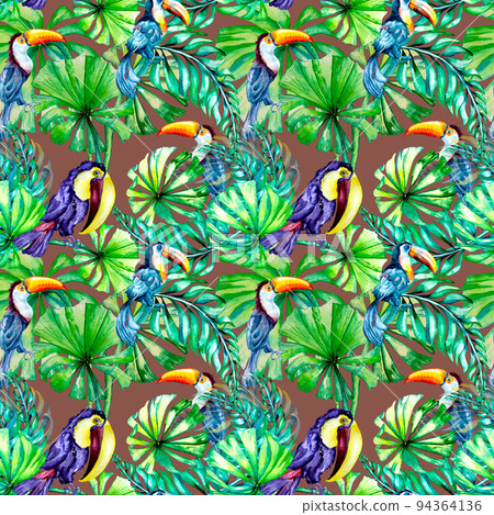 Toucan tropical birds and palm leaves watercolor seamless pattern on dark background. Toucan tropical birds and palm leaves watercolor seamless pattern on dark background. 94364136