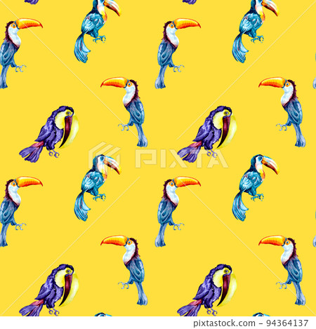 Toucans, exotic tropical birds watercolor seamless pattern on yellow background Toucans, exotic tropical birds watercolor seamless pattern on yellow background 94364137