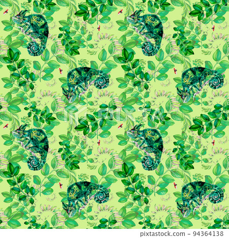Chameleons with floral ornate pattern watercolor illustration Chameleons with floral ornate pattern watercolor illustration 94364138