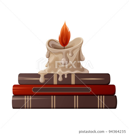 Burning wax candle on witch books. Vector illustration. Item for divination, spell, halloween 94364235