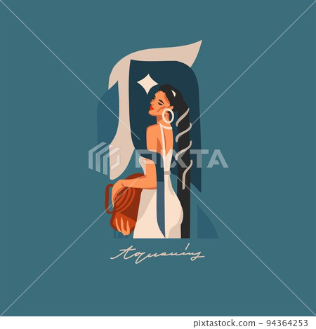 Hand drawn vector abstract graphic astrology illustration with modern,artistic contemporary template of boho zodiac sign Aquarius.Zodiac adult female character design.Fashion magic symbol concept. 94364253