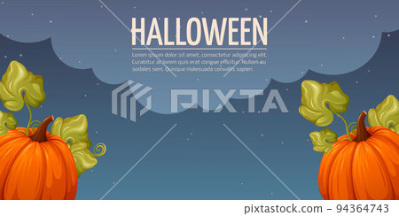 Halloween background. Pumpkins with leaves. Night star sky. Vector horizontal illustration Halloween background. Pumpkins with leaves. Night star sky. Vector horizontal illustration 94364743