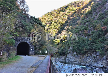 Fukuchiyama Line abandoned railway line and Mukogawa valley autumn leaves 94364912