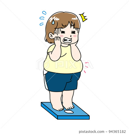 Illustration of a fat and shocked woman on a weight scale 94365182