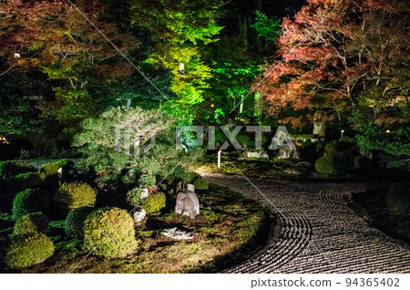 A dry landscape garden illuminated at Manshuin Monzeki at night in Kyoto 94365402