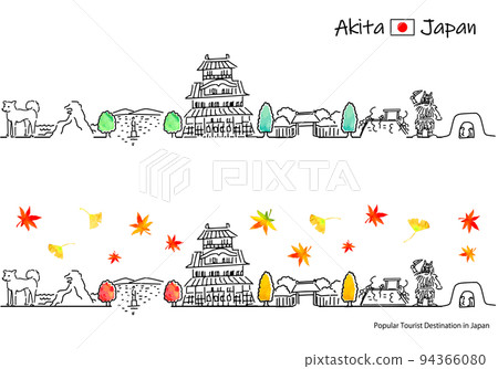Simple line drawing set of the cityscape of tourist spots in Akita Prefecture in autumn (Godzilla Rock) 94366080