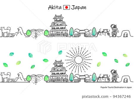Simple line drawing set (Godzilla Rock) of the cityscape of tourist spots in Akita Prefecture in summer 94367246
