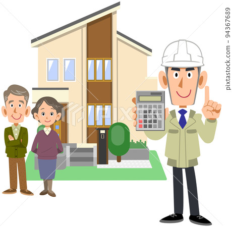 A senior couple standing in front of a house and a man in work clothes showing a calculator A senior couple standing in front of a house and a man in work clothes showing a calculator 94367689