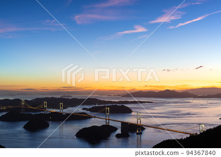 Seto Inland Sea Shimanami Kaido sunset, view from Mt. Kiro Observatory Park 94367840