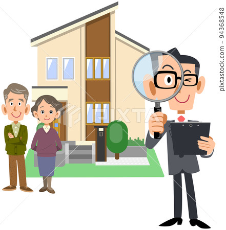 A man and a house in a suit holding a senior couple and documents in hand and looking into a magnifying glass 94368548