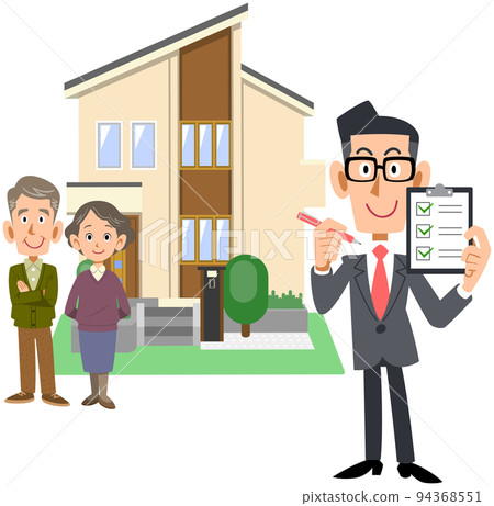 A man and a house in a suit showing a senior couple and a checklist A man and a house in a suit showing a senior couple and a checklist 94368551