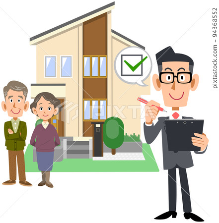 A senior couple and a man in a suit who fills in a check mark in a document and a house A senior couple and a man in a suit who fills in a check mark in a document and a house 94368552
