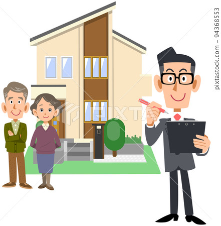 A man in a suit filling out documents with a senior couple and a house A man in a suit filling out documents with a senior couple and a house 94368553