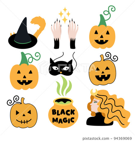 Halloween vector sticker pack with witch, cat under hat and pumpkins 94369069