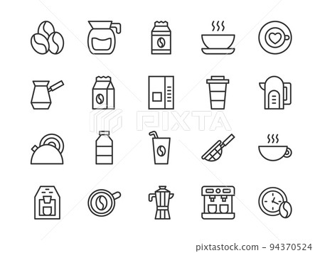 Coffee and tea cup line icons. Hot drink. Food cafe. Outline strokes. Machine for caffeine beverage in mug. Shop bag. Bean or leaf. Cafeteria logo. Takeaway glass. Vector pictograms set Coffee and tea cup line icons. Hot drink. Food cafe. Outline strokes. Machine for caffeine beverage in mug. Shop bag. Bean or leaf. Cafeteria logo. Takeaway glass. Vector pictograms set 94370524