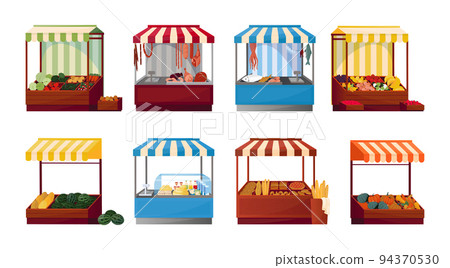 Shop booth. Grocery stall. Market place. Outdoor kiosk for fruit and bread. Craft retail. Selling fish and milk products. Wooden marketplace with striped canopy. Vector illustration set 94370530