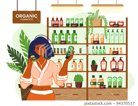 Cosmetic beauty products. Skincare shop. Woman buying skin care moisturizing creams. Makeup store. Boutique shelving. Eco shampoo. Organic serum and lotion. Vector flat illustration 94370537
