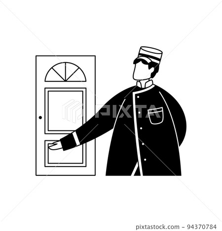 Vector illustration of the doorman at the door. The hospitality business. Profession. Vector illustration of the doorman at the door. The hospitality business. Profession. 94370784
