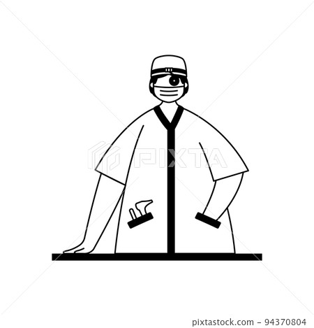 Vector illustration of an otolaryngologist in a white coat with a tool for checking the respiratory and hearing organs. Profession. 94370804