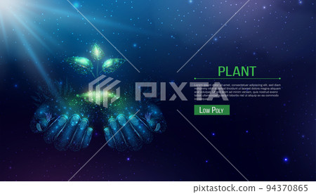 Two human hands are holds green sprout. Glowing low poly hands and plant on dark blue background. Wireframe low poly design. Abstract futuristic vector illustration. 94370865