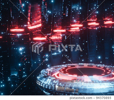 3d rendering hi tech metal cylinder podium with futuristic city background for product display. Abstract technology background. 3d rendering hi tech metal cylinder podium with futuristic city background for product display. Abstract technology background. 94370893