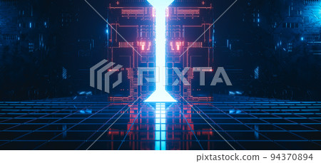 3d rendering sci fi scene illustration. metal gate with red and light blue neon light on grid pattern floor. Abstract technology background. 3d rendering sci fi scene illustration. metal gate with red and light blue neon light on grid pattern floor. Abstract technology background. 94370894