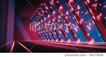 3d rendering sci fi scene illustration. Dark metal corridor with row of pillar and red light trail. Abstract technology background. 3d rendering sci fi scene illustration. Dark metal corridor with row of pillar and red light trail. Abstract technology background. 94370896