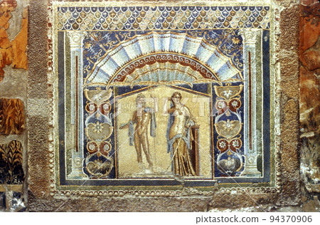 Wall mosaic in Herculaneum, ancient roman city in Italy. Wall mosaic in Herculaneum, ancient roman city in Italy. 94370906