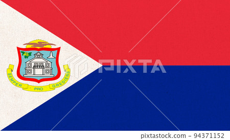 flag of Sint Maarten. flag of island country in Caribbean sea on fabric surface. flag of Sint Maarten. flag of island country in Caribbean sea on fabric surface. 94371152
