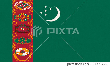 Flag of Turkmenistan. Turkmen flag on fabric surface. Fabric texture Flag of Turkmenistan. Turkmen flag on fabric surface. Fabric texture 94371222