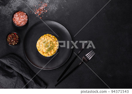 Fresh vegetable salad with corn, pepper, crab, cucumber, eggs and mayonnaise Fresh vegetable salad with corn, pepper, crab, cucumber, eggs and mayonnaise 94371543