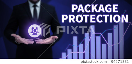 Text sign showing Package ProtectionWrapping and Securing items to avoid damage Labeled Box. Word for Wrapping and Securing items to avoid damage Labeled Box 94371881
