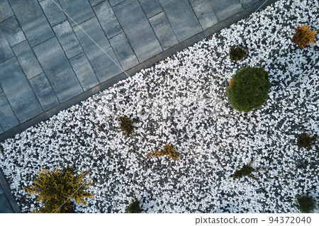 Front or back yard landscape design of stone tile pavement. Exterior from above 94372040