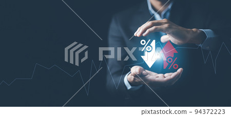 Concept Discount and sale hologram Commission, Businessman on blurred background holding hand % discount, commission and represented by percentage signs, symbol of a percentage and business background 94372223