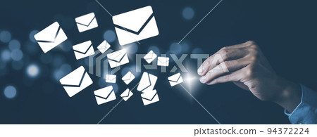Businessman hand touch  communication icons, letter icon, email icons, and newsletter email and protect your personal information or spam mail, Customer service call center contact. 94372224