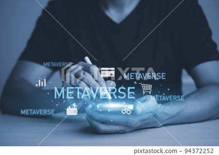New metaverse with icon business concept,Business hand holding a virtual globe with financial icons future technology, business goals, online communication,graph Screen Icon of a media screen,big data 94372252