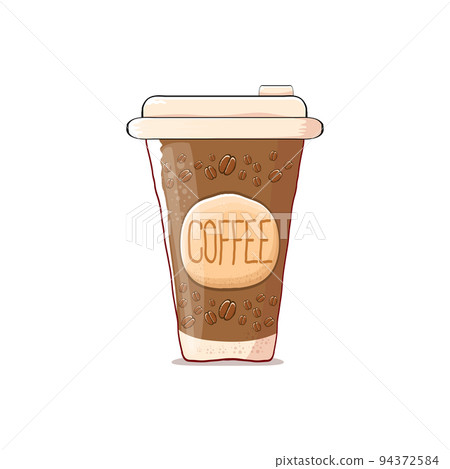 Cartoon Coffee cup isolated on white background . vector coffee paper color cup with hot coffee and color label. Coffee day sticker Cartoon Coffee cup isolated on white background . vector coffee paper color cup with hot coffee and color label. Coffee day sticker 94372584
