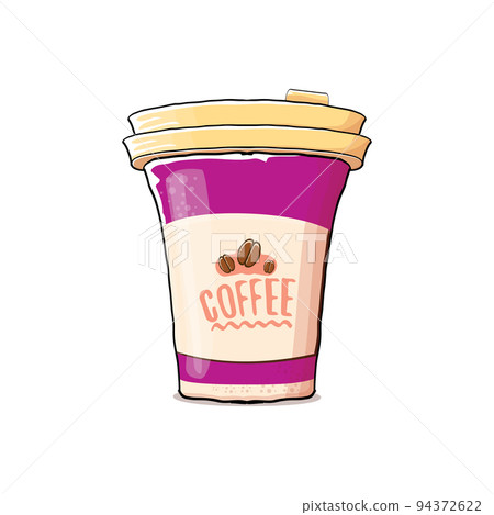 Cartoon Coffee cup isolated on white background . vector coffee paper color cup with hot coffee and color label. Coffee day sticker 94372622