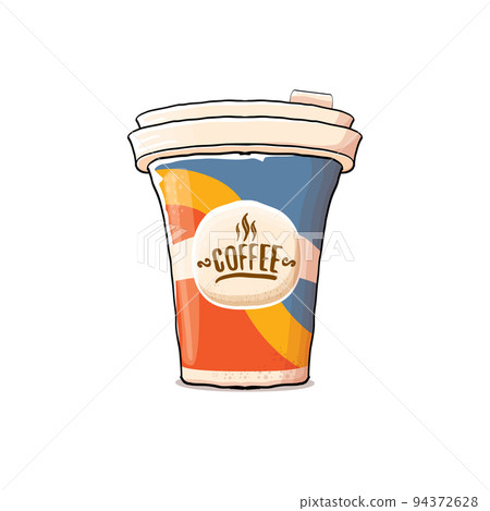 Cartoon Coffee cup isolated on white background . vector coffee paper color cup with hot coffee and color label. Coffee day sticker 94372628