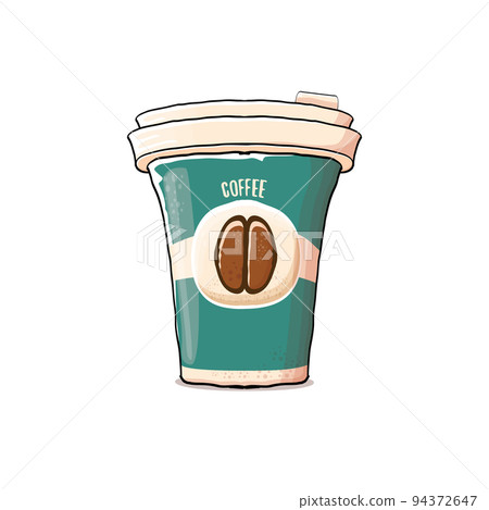 Cartoon Coffee cup isolated on white background . vector coffee paper color cup with hot coffee and color label. Coffee day sticker 94372647